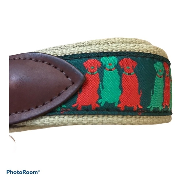 The Belted Cow Three Wise Labs Dog Belt Red Green Leather Trim Preppycore - Picture 2 of 6